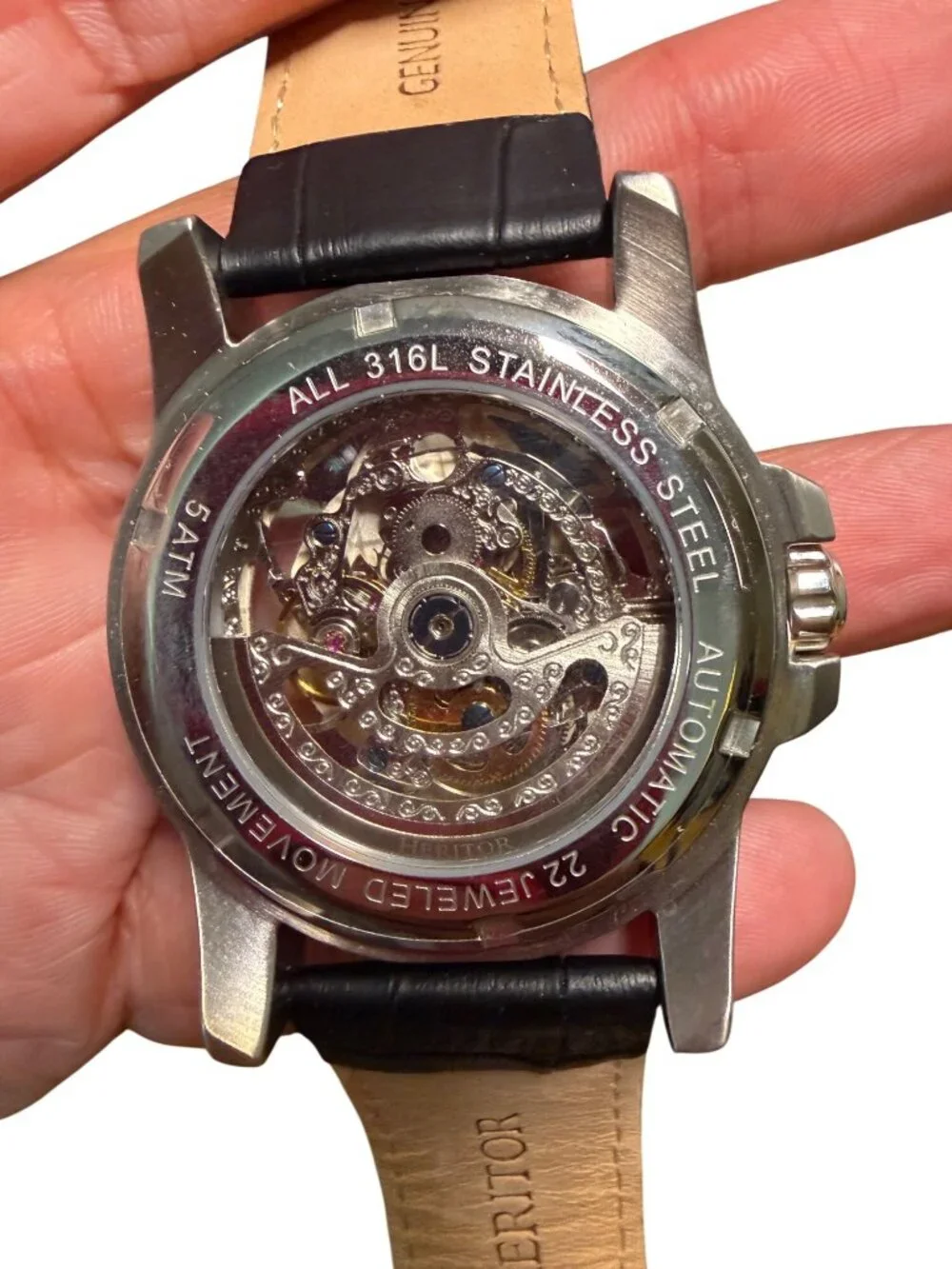 Heritor Automatic Skeleton Watch With Black Leather Strap Stainless Steel Case &